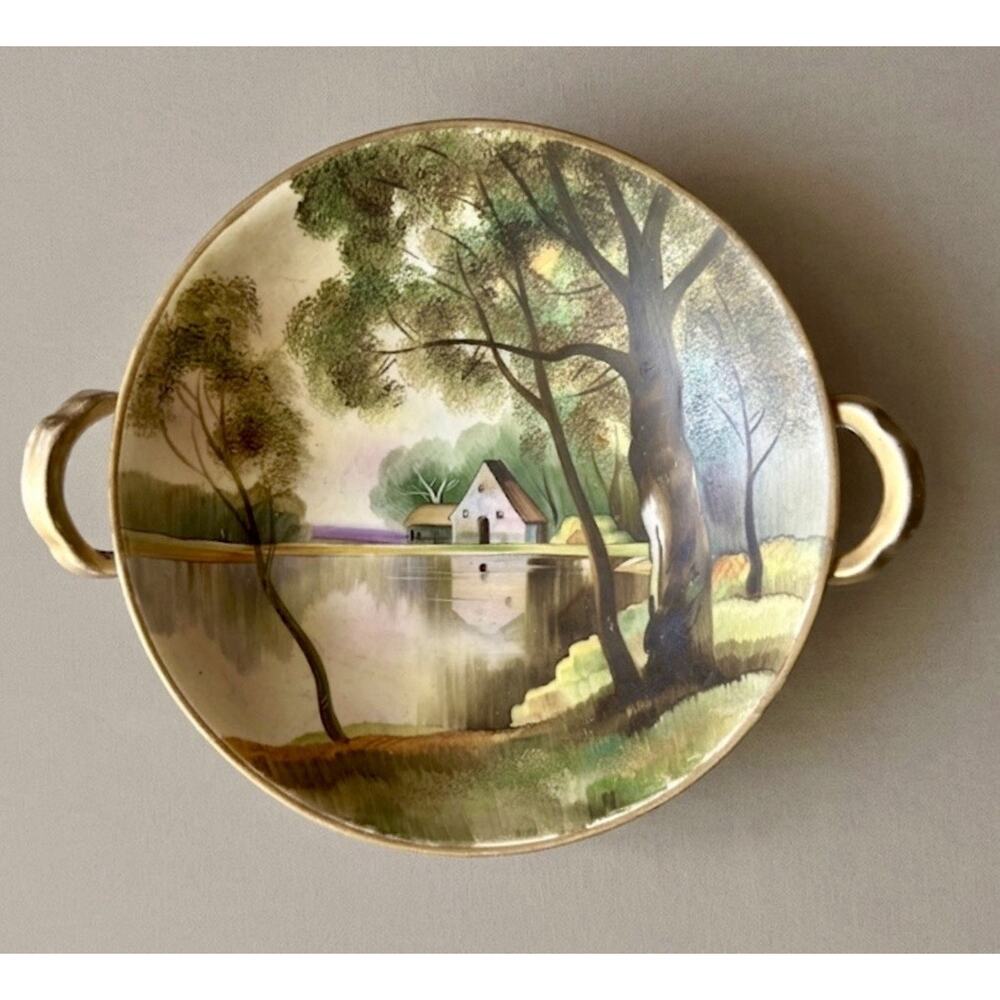 Atq Nippon Hand Painted Gilded Double Handled Pedestal Bowl Lake Scene RARE